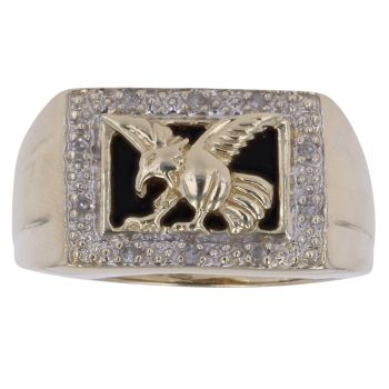 9ct Yellow Gold 0.05ct Diamond and Onyx Eagle Signet Ring