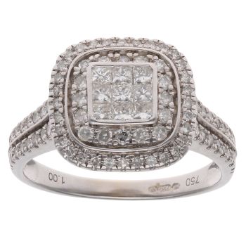 18ct White Gold 1.00ct Princess And Brilliant Cut Diamond Cluster Ring