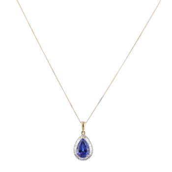 18ct Yellow Gold 0.35ct Baguette Cut Diamond and Tanzanite Cluster Pendant and Chain 20"