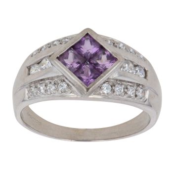 14ct White Gold Amethyst And Cubic Zirconia Cluster Ring
