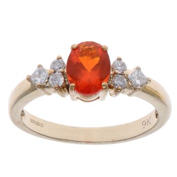 9ct Yellow Gold 0.35ct Brilliant Cut Diamond and Fire Opal Ring
