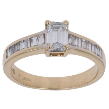 18ct Yellow Gold 0.90ct Emerald and Baguette Cut Diamond Solitaire Ring