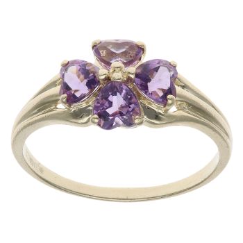 9ct Yellow Gold Amethyst Heart Clover Ring