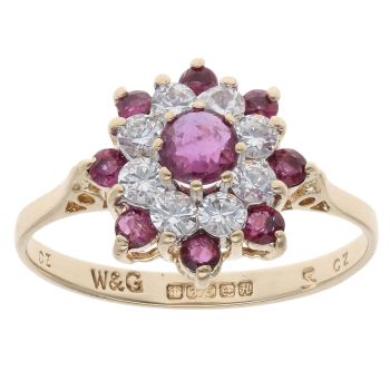 9ct Yellow Gold Cubic Zirconia and Ruby Cluster Ring