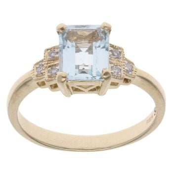 9ct Yellow Gold 0.10ct Diamond And Aquamarine Single Stone Ring