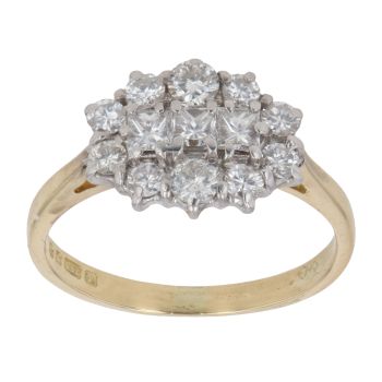 18ct Yellow Gold 0.75ct Princess And Brilliant Cut Diamond Cluster Ring
