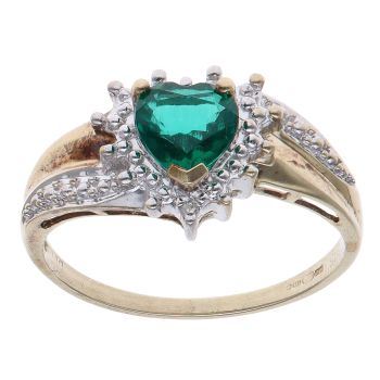 9ct Yellow Gold 0.05ct Diamond and Created Emerald Heart Cluster Ring