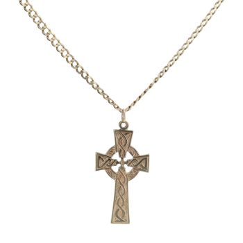 9ct Yellow Gold Patterned Celtic Cross Pendant and Curb Chain 24"