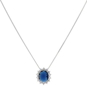 Silver Cubic Zirconia and Blue Gemstone Cluster Pendant and Chain 18"