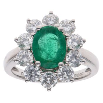 18ct White Gold 1.73ct Brilliant Cut Diamond and Emerald Cluster Ring