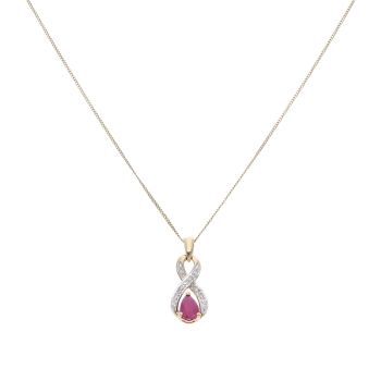9ct Yellow Gold 0.05ct Brilliant Cut Diamond and Ruby Pendant and Chain 18"