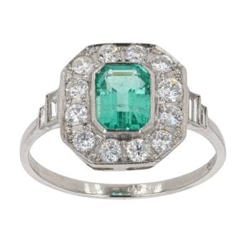 Platinum 0.95ct Emerald and 0.65ct Diamond Cluster Ring