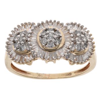 9ct Yellow Gold 1.00ct Brilliant And Baguette Cut Diamond Cluster Ring