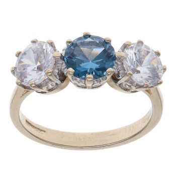 9ct Yellow Gold Blue Topaz and Cubic Zirconia Three Stone Ring