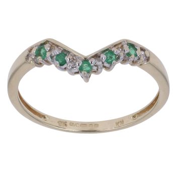 9ct Yellow Gold 0.05ct Diamond and Emerald Wishbone Ring