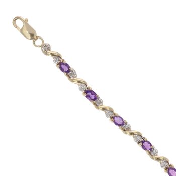 9ct Yellow Gold 0.10ct Diamond And Amethyst Bracelet 7"