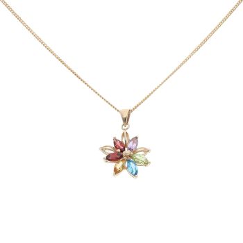 9ct Yellow Gold Multi Gemstone Flower Pendant and Chain 18"