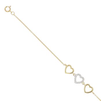Gold Plated Silver Cubic Zirconia Trio Heart Bracelet 7"