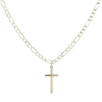 9ct Yellow Gold Patterned Cross Pendant and Figaro Chain 18"