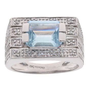 9ct White Gold 0.10ct Diamond And Aquamarine Signet Ring
