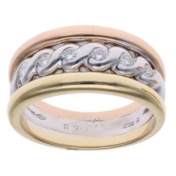 18ct Yellow White and Rose Gold 0.15ct Brilliant Cut Diamond Triple Fancy Ring