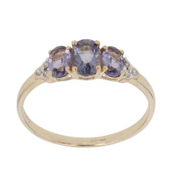 9ct Yellow Gold 0.05ct Diamond and Iolite Three Stone Ring