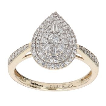 9ct Yellow Gold 0.50ct Brilliant And Baguette Cut Diamond Cluster Ring