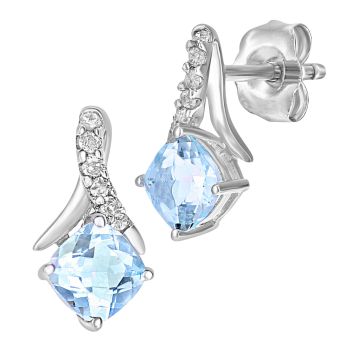 9ct White Gold Cushion Blue Topaz Crossover Diamond Stud Earrings