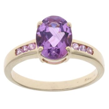 9ct Yellow Gold Pink Sapphire and Amethyst Ring