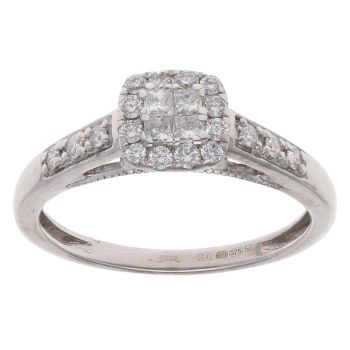 9ct White Gold 0.33ct Princess And Brilliant Cut Diamond Cluster Ring