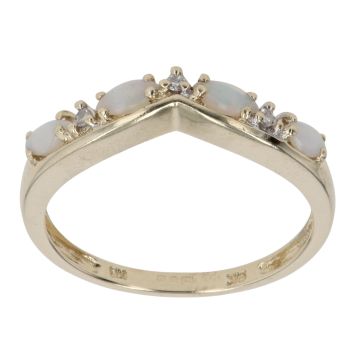 9ct Yellow Gold 0.02ct Diamond and Opal Wishbone Ring