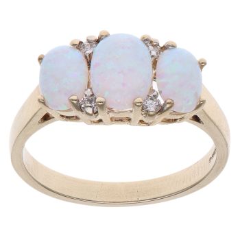 9ct Yellow Gold 0.10ct Diamond and Created Opal Three Stone Ring
