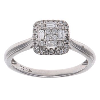 9ct White Gold 0.25ct Brilliant and Baguette Cut Diamond Cluster Ring