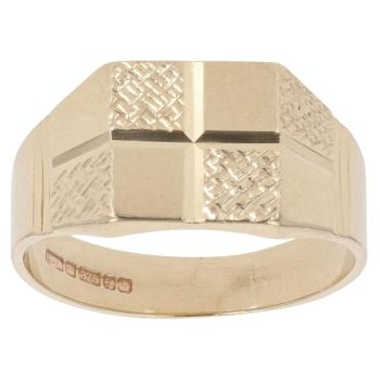 9ct Yellow Gold Patterned and Plain Square Signet Ring