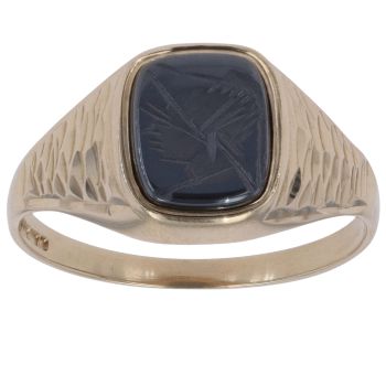 9ct Yellow Gold Hematite Centurion Patterned Signet Ring