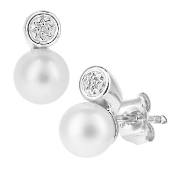 9ct White Gold Cultured Pearl and Diamond Stud Earrings