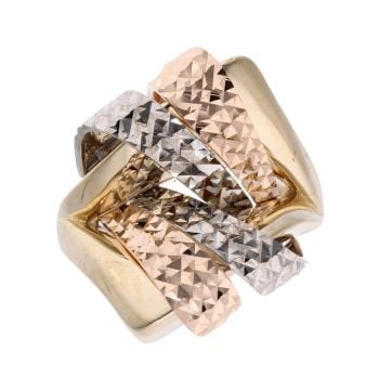 14ct Yellow, White And Rose Gold Woven Ring