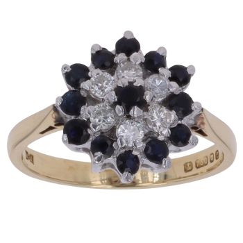 18ct Yellow Gold 0.15ct Brilliant Cut Diamond and Sapphire Cluster Ring
