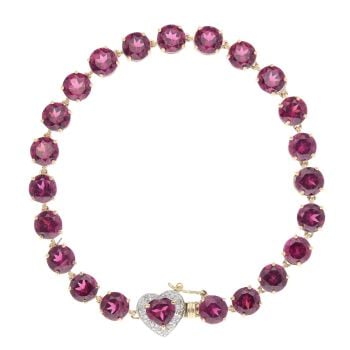 9ct Yellow Gold 0.05ct Diamond And Purple Garnet Heart Cluster Bracelet 7"