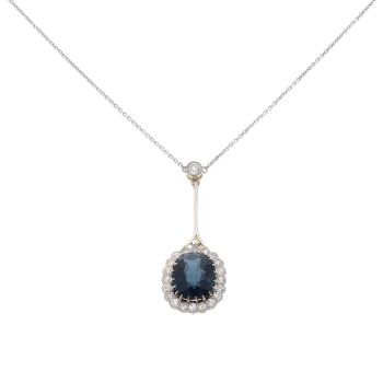 18ct White Gold 0.70ct Brilliant Cut Diamond and Sapphire Cluster Pendant and Chain 18"