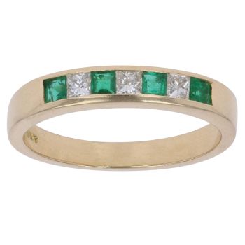18ct Yellow Gold 0.20ct Princess Cut Diamond and Emerald Half Eternity Ring