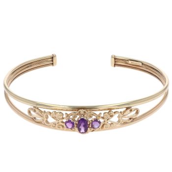 9ct Yellow Gold Amethyst Three Stone Bangle