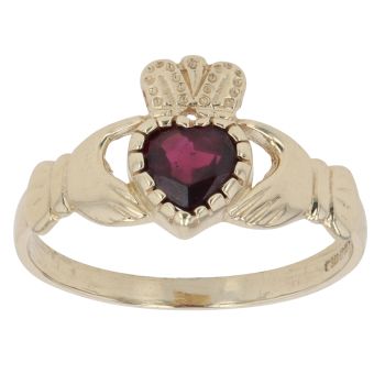 9ct Yellow Gold Garnet Claddagh Ring