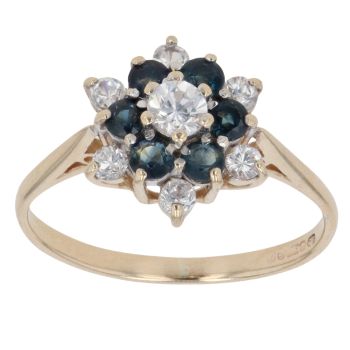 9ct Yellow Gold Sapphire and Cubic Zirconia Cluster Ring