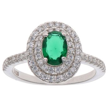 Silver Cubic Zirconia and Green Gemstone Cluster Ring By Icesia