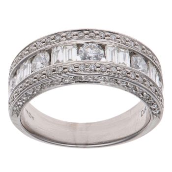18ct White Gold 1.38ct Baguette and Brilliant Cut Diamond Three Row Ring