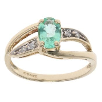 9ct Yellow Gold 0.05ct Diamond and Emerald Solitaire Twist Ring