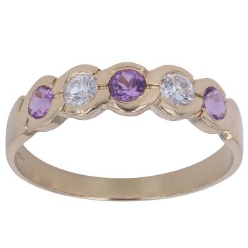 9ct Yellow Gold Cubic Zirconia and Amethyst Five Stone Ring