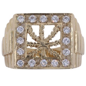 9ct Yellow Gold Cubic Zirconia Leaf Signet Ring