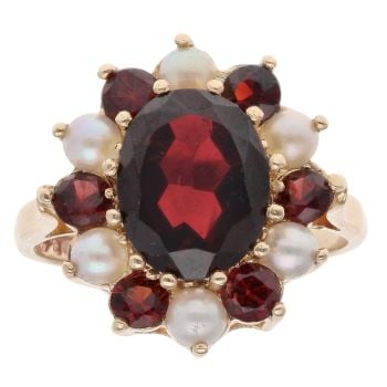 9ct Yellow Gold Garnet And Pearl Cluster Ring